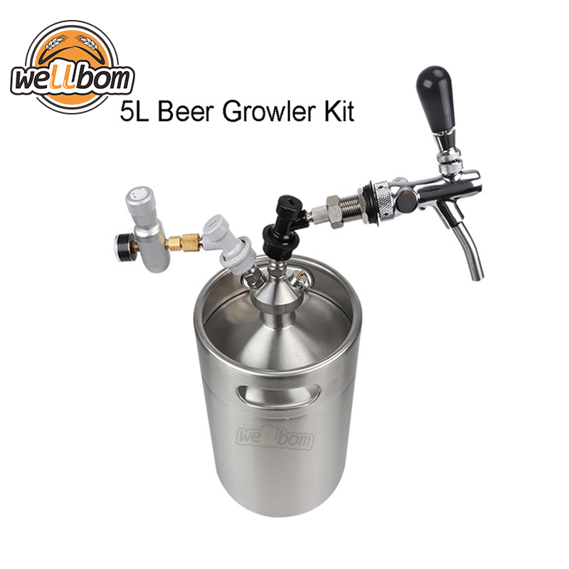 New 2018 Stainless Steel 5L Mini Beer Growler + Mini Keg Dispenser with adjustable beer tap + Co2 keg charger kit
